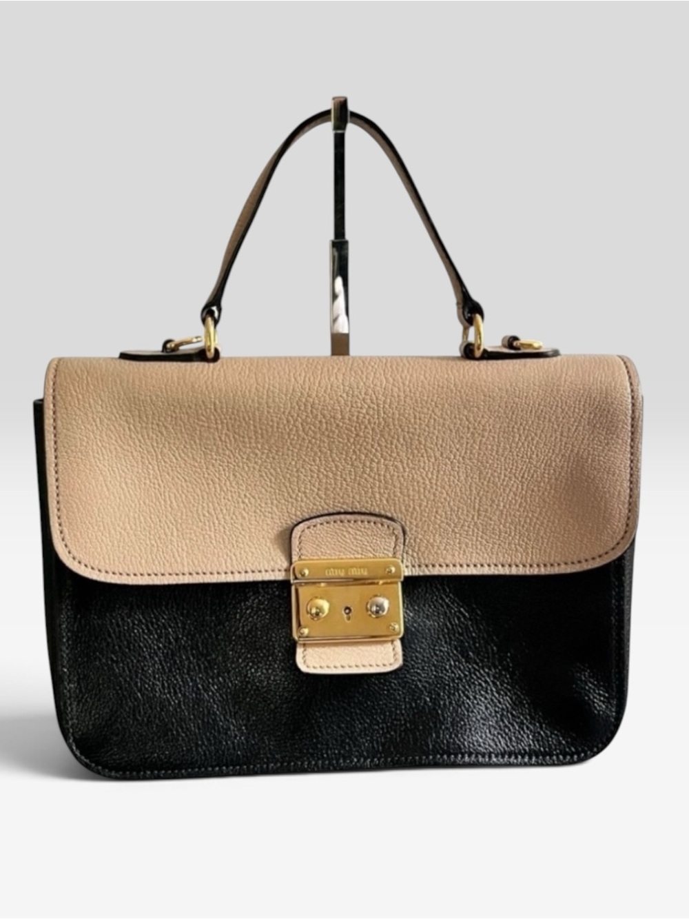 Miu Miu Madras Cipria Top Handle Crossbody Satchel Beige Black Leather Gold